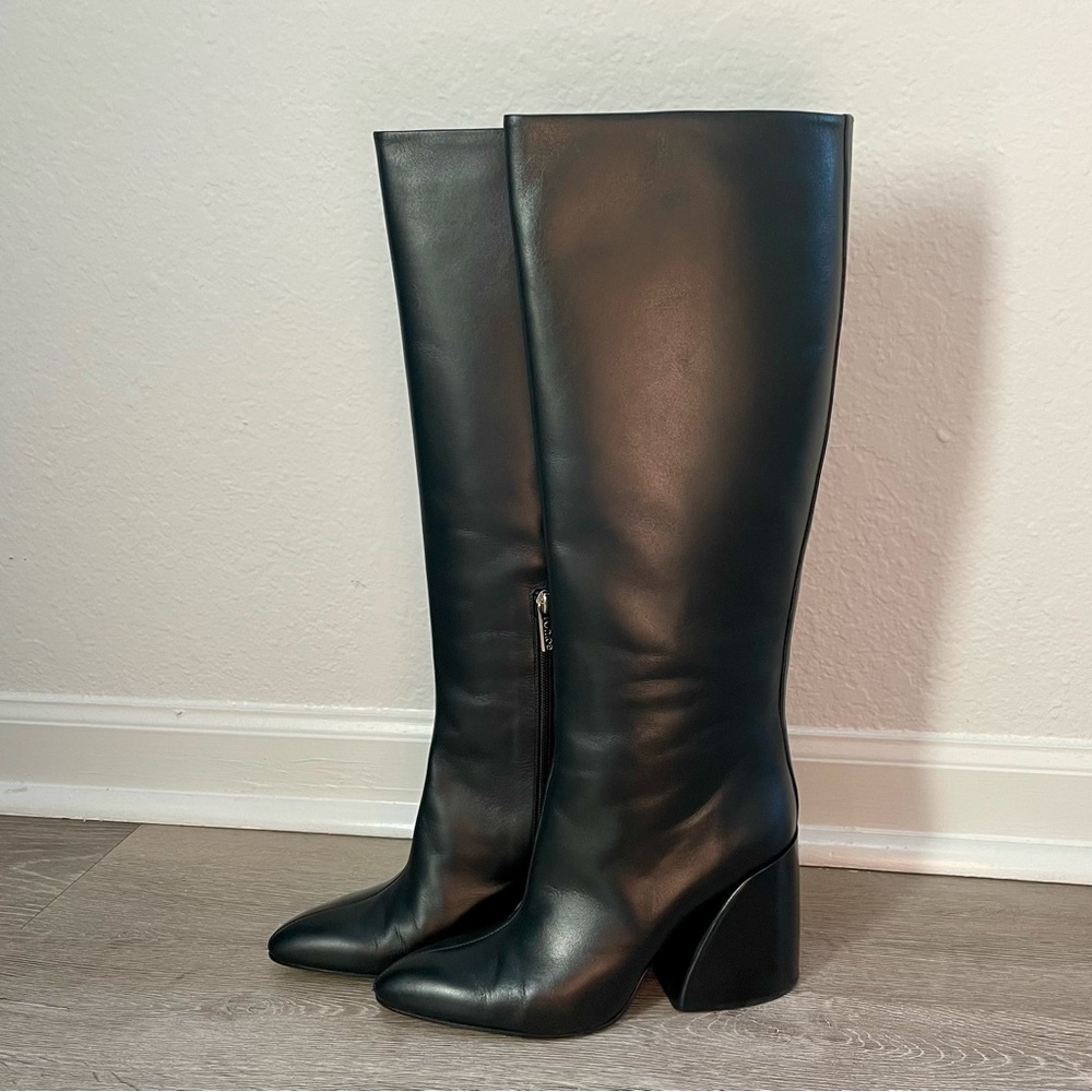 Chloe Wave Black Calf Smooth Leather Knee High Boots with Wave Heel 39